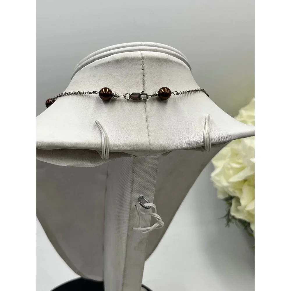 Round Chocolate Brown Freshwater Tin Cup Pearl Sterling Silver Link Necklace 16